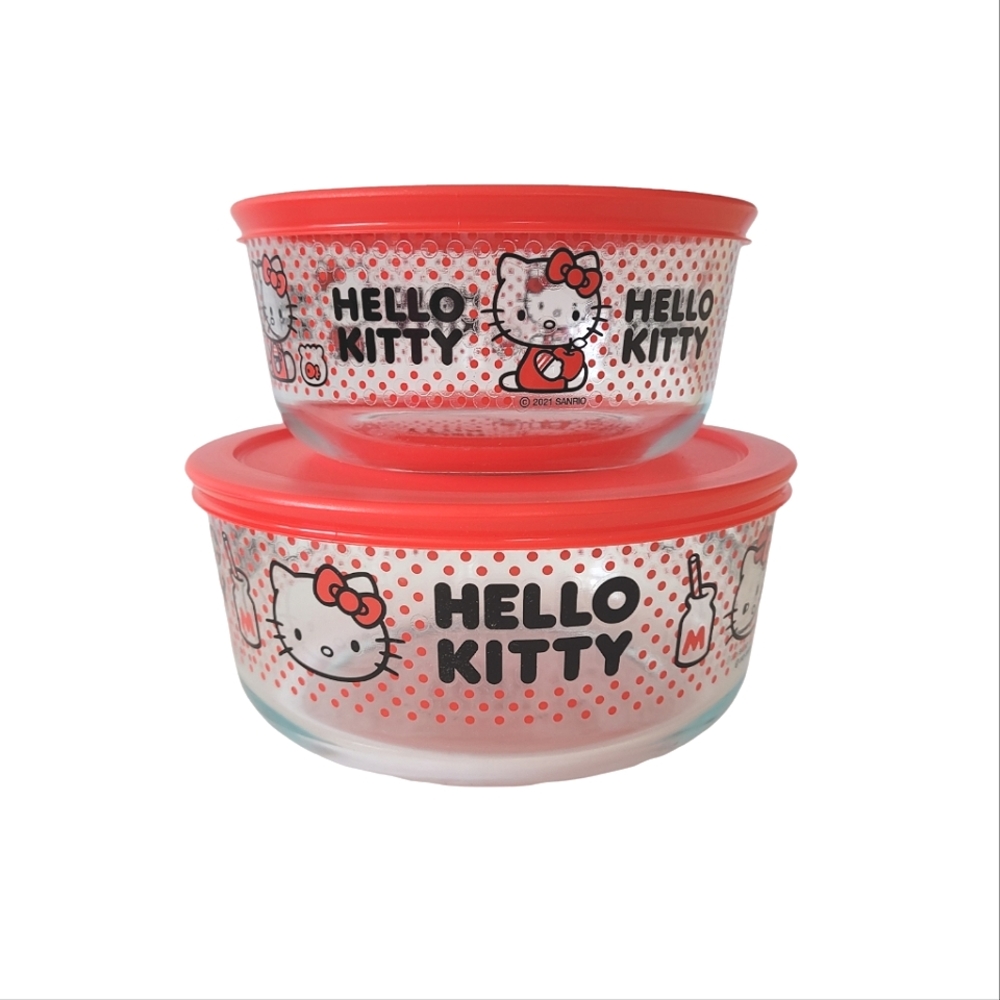 SANRIO PYREX Hello Kitty Red Polka Dot Glass Container Set of 2